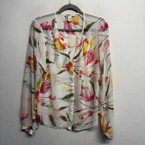 White House Black Market Floral Sheer Blouse - Pink, Yellow, Green